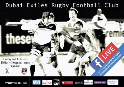 You can watch Jebel Ali Dragons v Dubai Exiles live on social media this weekend. Flyer