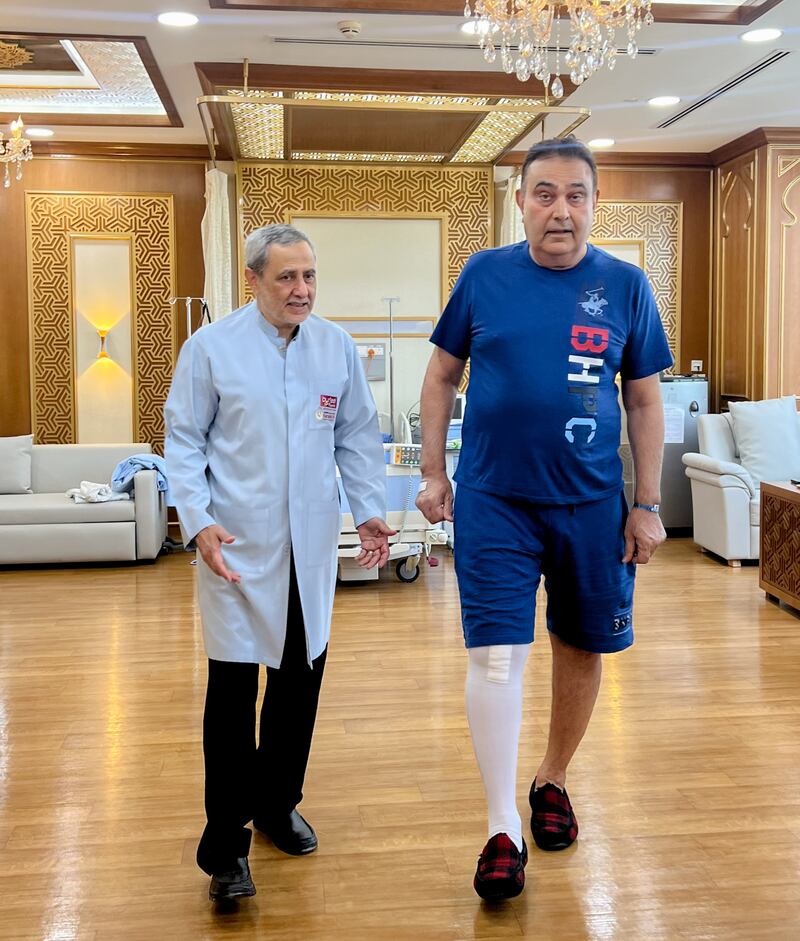 One of those to recently benefit from a new 3D-printed knee joint is Mohammad Shafiq, a 69-year-old American in Dubai who had lived with a deformity in his right knee. Dr Samih Tarabichi is alongside. Photo: Burjeel Hospital