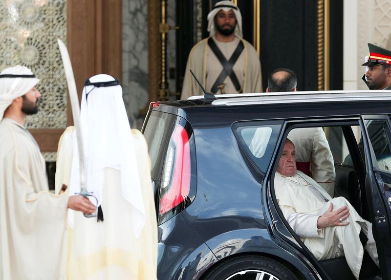 Pope Francis is seen upon arrival to a welcome ceremony at the Presidential Palace in Abu Dhabi, United Arab Emirates on Monday, February 4, 2019. Photo: Reuters