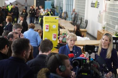 Minister for Justice Helen McEntee and Minister for Social Protection Heather Humphreys during a press briefing at Dublin Airport where a new processing facility for Ukrainian refugees has been set up. PA