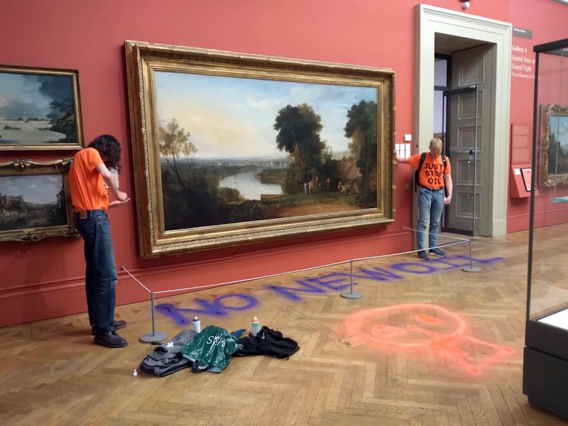 On July 1, two activists glued themselves to the frame of 'Tomson’s Aeolian Harp' (1809), a painting by JMW Turner, at the Manchester Art Gallery. Photo: Just Stop Oil