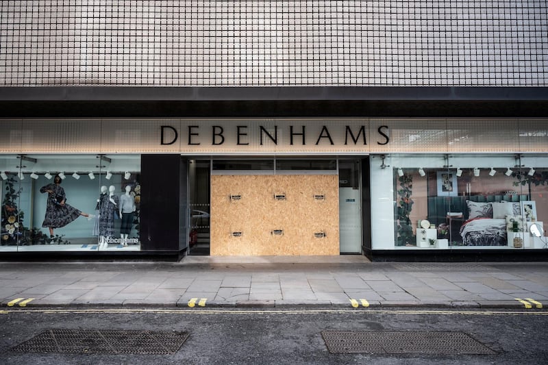 LONDON, ENGLAND - APRIL 06: A general view of the boarded-up Oxford Street branch of the department store Debenhams on April 06, 2020 in London, England. The department store chain was already struggling prior to the COVID-19 outbreak and it has not said how many of its stores will reopen when quarantine measures are eased. (Photo by Leon Neal/Getty Images)