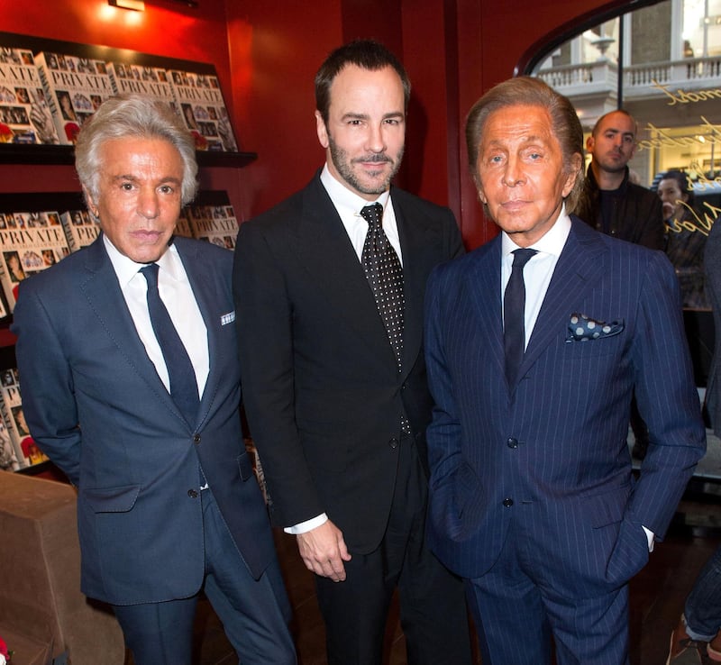 LONDON, UNITED KINGDOM - OCTOBER 16: (L-R) Giancarlo Giammetti, Tom Ford and Valentino Garavani pose at "Private: Giancarlo Giammetti" Book Launch, hosted by Assouline at Claridge's Hotel on October 16, 2013 in London, England. (Photo by Samir Hussein/Getty Images for ASSOULINE)