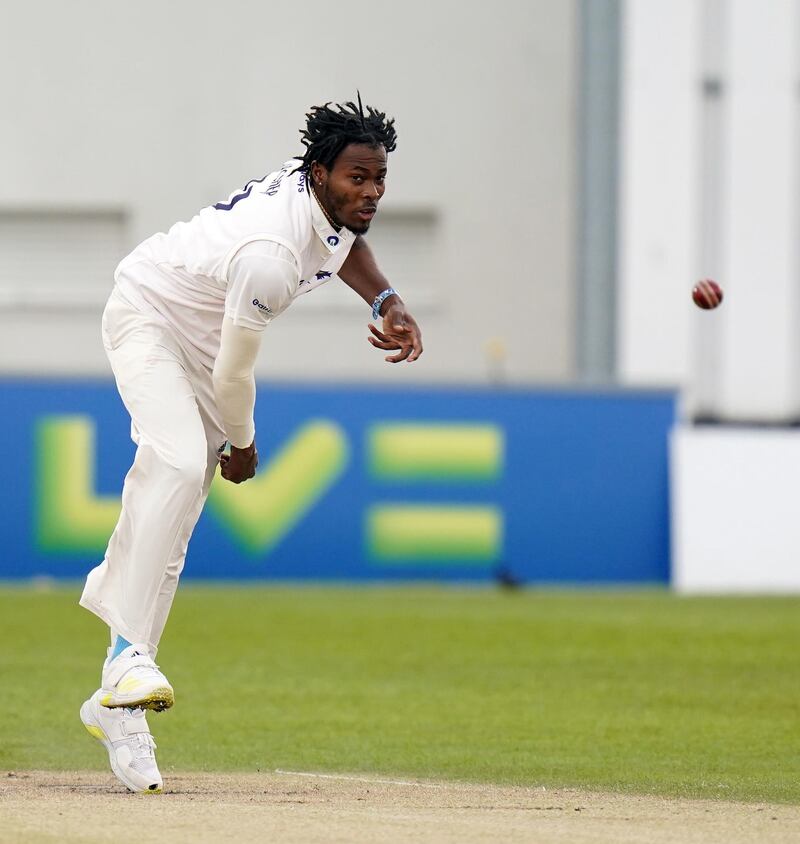  Sussex's Jofra Archer during day two of the LV= Insurance County Championship match at The 1st Central County Ground, Hove. Picture date: Friday May 14, 2021. PA Photo. See PA story CRICKET Sussex. Photo credit should read: Adam Davy/PA Wire. 

RESTRICTIONS: Editorial use only. No commercial use without prior written consent of the ECB. Still image use only. No moving images to emulate broadcast. No removing or obscuring of sponsor logos.