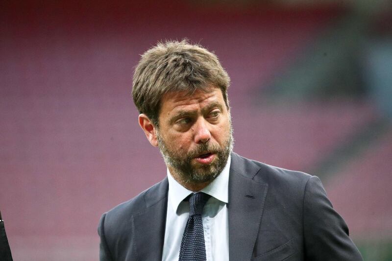 epa09144566 (FILE) - Juventus' Chairman Andrea Agnelli prior the Italian Serie A soccer match between AC Milan and Juventus Turin at the Giuseppe Meazza Stadium in Milan, Italy, 07 July 2020 (reissued 19 April 2021). In the early hours of 19 April 2021 twelve European soccer clubs, AC Milan, Arsenal FC, Atletico de Madrid, Chelsea FC, FC Barcelona, FC Internazionale Milano, Juventus FC, Liverpool FC, Manchester City, Manchester United, Real Madrid CF and Tottenham Hotspur have announced the creation of a Super League. Andrea Agnelli will be a vice-chairman of the league.  EPA/ROBERTO BREGANI *** Local Caption *** 56201764