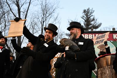 Groundhog handlers read a scroll during a ceremony after Punxsutawney Phil predicted six more weeks of winter. AP