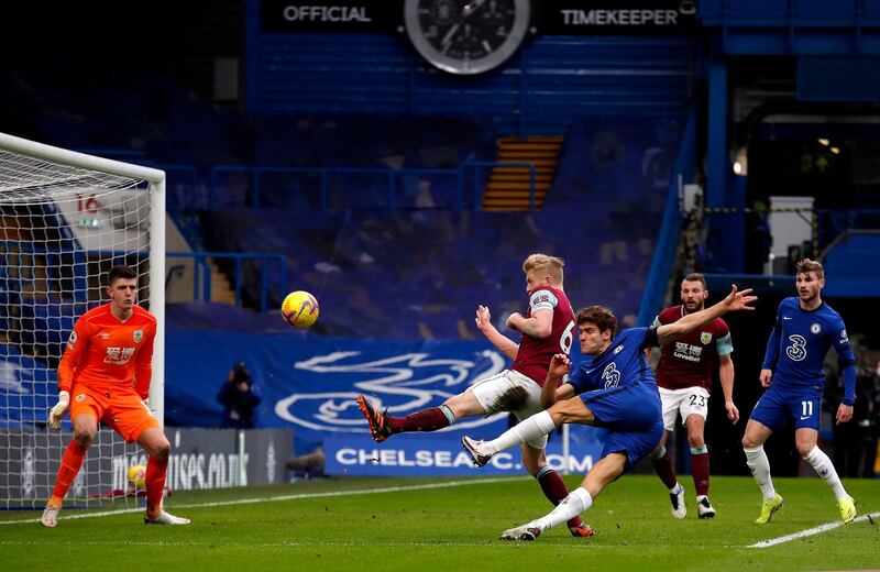 Chelsea's Marcos Alonso scores their side's second goal against Burnley in the Blues' Premier League win at Stamford Bridge on Sunday, January 31. PA