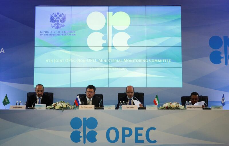 REFILE - QUALITY REPEAT Saudi Arabian Energy Minister Khalid al-Falih, Russian Energy Minister Alexander Novak, Kuwaiti Oil Minister Essam al-Marzouq and OPEC Secretary General Mohammad Barkindo attend a meeting of the 4th OPEC-Non-OPEC Ministerial Monitoring Committee in St. Petersburg, Russia July 24, 2017. REUTERS/Anton Vaganov