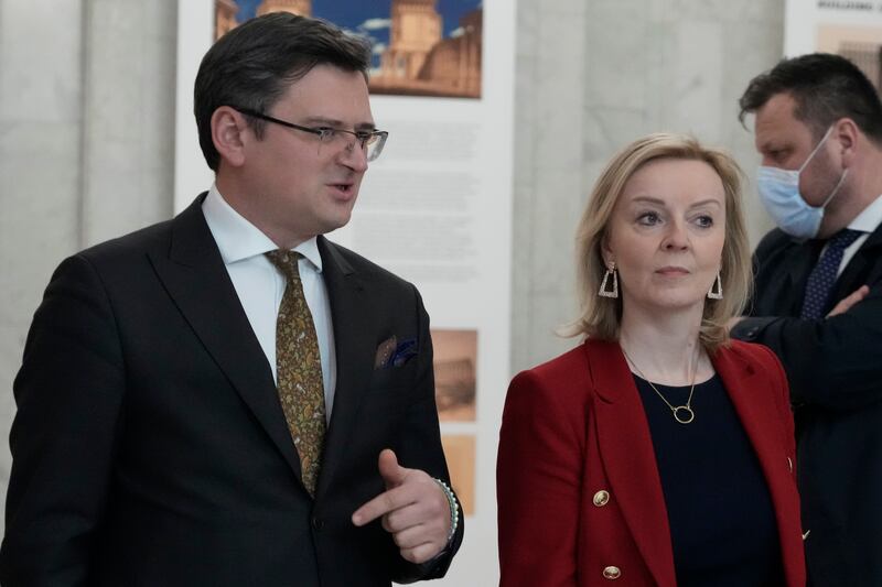 British Foreign Secretary Liz Truss (R) and Ukrainian Foreign Minister Dmytro Kuleba (L) attend a joint news conference following their talks in Kiev, Ukraine, 17 February 2022.  EPA