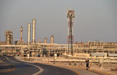 (FILES) In this file photo taken on September 20, 2019 shows a general view of Saudi Aramco's Abqaiq oil processing plant. British inflation hit a near four-year low in April as oil prices crashed, official data showed Wednesday, May 20, with the rate set to slide further as the coronavirus slashes prices generally. / AFP / Fayez Nureldine
