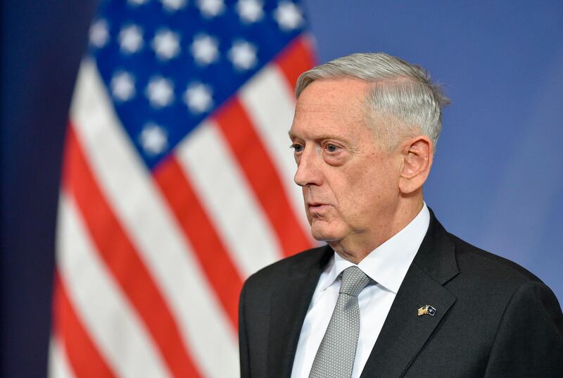 (FILES) This file photo taken on November 09, 2017 shows US Defense Minister James Mattis delivering a press conference during the second day of a Defense Ministers Meeting at NATO headquarters in Brussels.
Mattis on Friday warned President Bashar al-Assad against launching an offensive against US-supported Syrian Kurds, after the Syrian leader recently slammed them as "traitors." "That would be a mistake," Mattis told reporters at the Pentagon. / AFP PHOTO / JOHN THYS