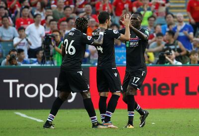 Soccer Football - West Bromwich Albion v Crystal Palace - Pre Season Friendly - The Premier League Asia Trophy - Third-place play-off - June 22, 2017   Crystal Palace's Luka Milivojevic (C) celebrates scoring their first goal with Christian Benteke (R) and Bakary Sako (L)   REUTERS/BOBBY YIP