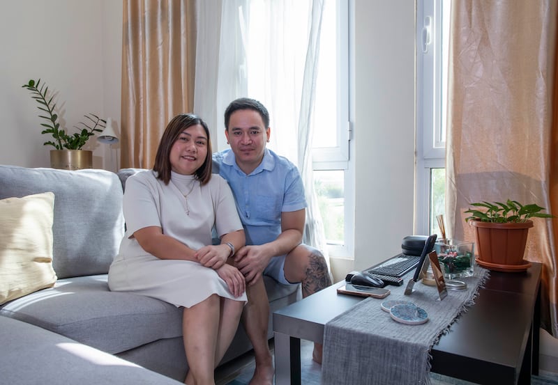 Ailan and JP Lapuz at their studio apartment in Discovery Gardens, Dubai.  All photos by Ruel Pableo for The National
