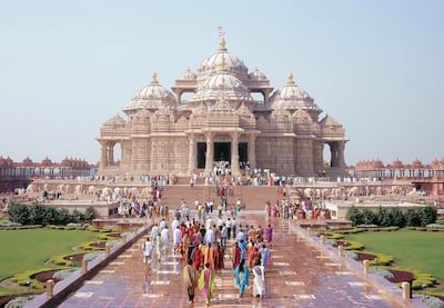 INDIA - MARCH 10:  View of the Swaminarayan Akshardham temple in Delhi, India  (Photo by Hemant Chawla/The India Today Group/Getty Images)