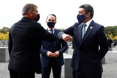 Sheikh Abdullah bin Zayed, Minister of Foreign Affairs and International Co-operation and his Israeli counterpart Gabi Ashkenazi visit the Holocaust memorial together with German Foreign Minister Heiko Maas prior to their historic meeting in Berlin. EPA