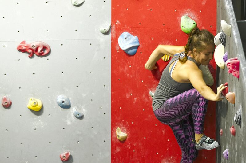 Dubai, United Arab Emirates, August 26, 2017:  Diana Nateras of Mexico competes during the finals of the  Boulder Bash climbing competition at Rock Republic climbing gym in the Dubai Investment Park area of Dubai on August 26, 2017. Nateras went on to place first in the female division. Bouldering is a form of climbing, that has no ropes, but focuses on very physical and technical problems closer to the ground and is one of the three disciplines that will be included in the 2020 Olympics. Christopher Pike / The National

Reporter: Roberta Pennington
Section: News