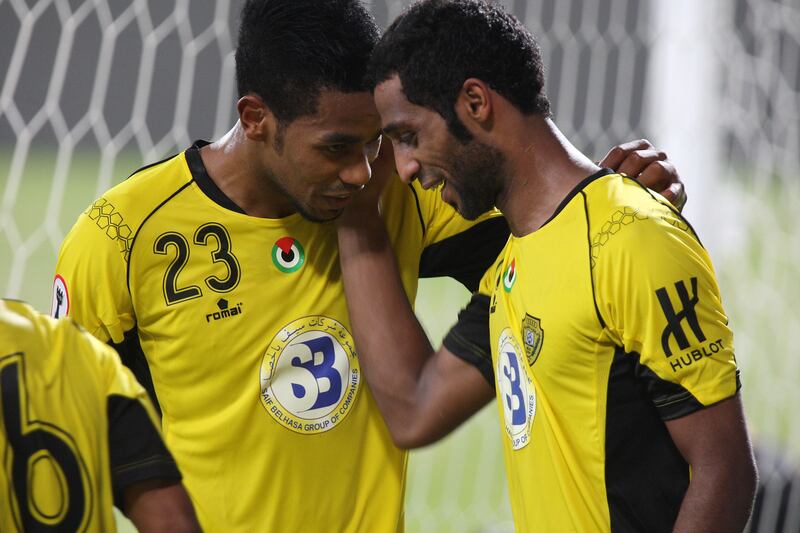 ABU DHABI , UNITED ARAB EMIRATES Ð Oct 15 : Maher Jassim ( no 70 right ) after scoring the goal against Al Jazira in the Etisalat Cup round 3 football match between Al Wasl vs Al Jazira at Mohammad Bin Zayed stadium in Abu Dhabi.  Al Wasl won the match by 3-2. ( Pawan Singh / The National ) For Sports. Story by Amit