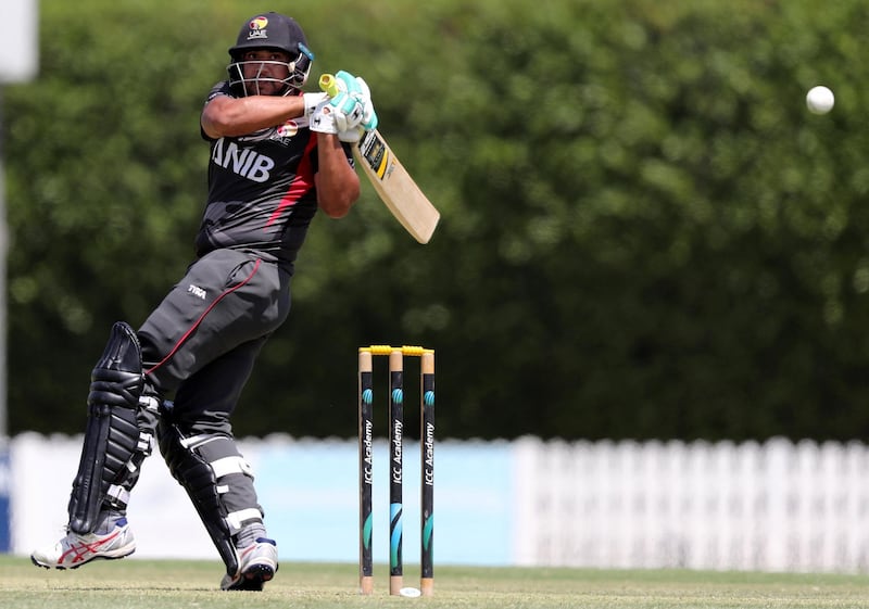 Dubai, United Arab Emirates - March 20, 2019: UAE's Ashfaq Ahmed bats during the game between UAE and Surrey. Wednesday the 20th of March 2019 ICC cricket academy, Dubai. Chris Whiteoak / The National