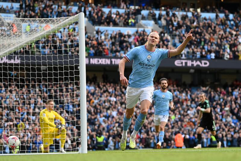 Erling Haaland of Manchester City celebrates the first goal against Leicester City at the Etihad Stadium on Saturday, April 15, 2023. Getty