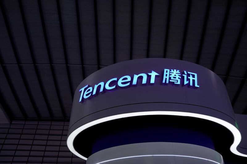FILE PHOTO: A Tencent sign is seen at the World Internet Conference (WIC) in Wuzhen, Zhejiang province, China, October 20, 2019. REUTERS/Aly Song/File Photo