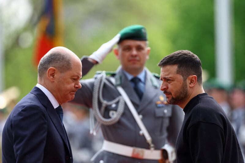 German Chancellor Olaf Scholz, left, welcomes Ukraine's President Volodymyr Zelenskyy at the Chancellery in Berlin on Sunday. Reuters