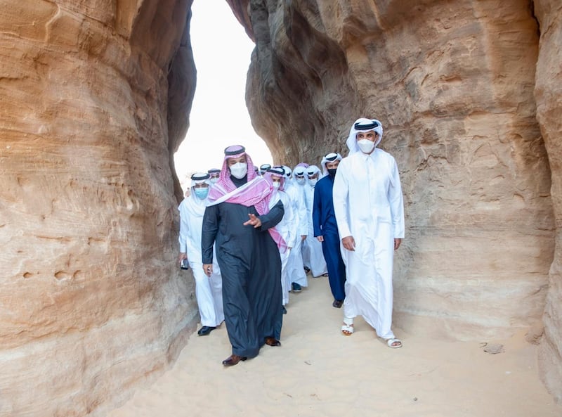 Saudi Arabia's Crown Prince Mohammed bin Salman accompanies Qatar's Emir Sheikh Tamim bin Hamad Al Thani on a tour of the archaeological sites in Al Ula. It followed the Al Ula Declaration to restore diplomatic and transport ties with Qatar and the GCC nations. Courtesy of Saudi Royal Court