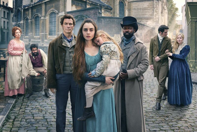 Picture Shows: Madame Thenardier (OLIVIA COLMAN), Thernardier (ADEEL AKHTAR), Jean Valjean (DOMINIC WEST), Fantine (LILY COLLINS), Child Cosette (MAILOW DEFOY), Javert (DAVID OYELOWO), Marius (JOSH O'CONNOR), Cosette (ELLIE BAMBER)