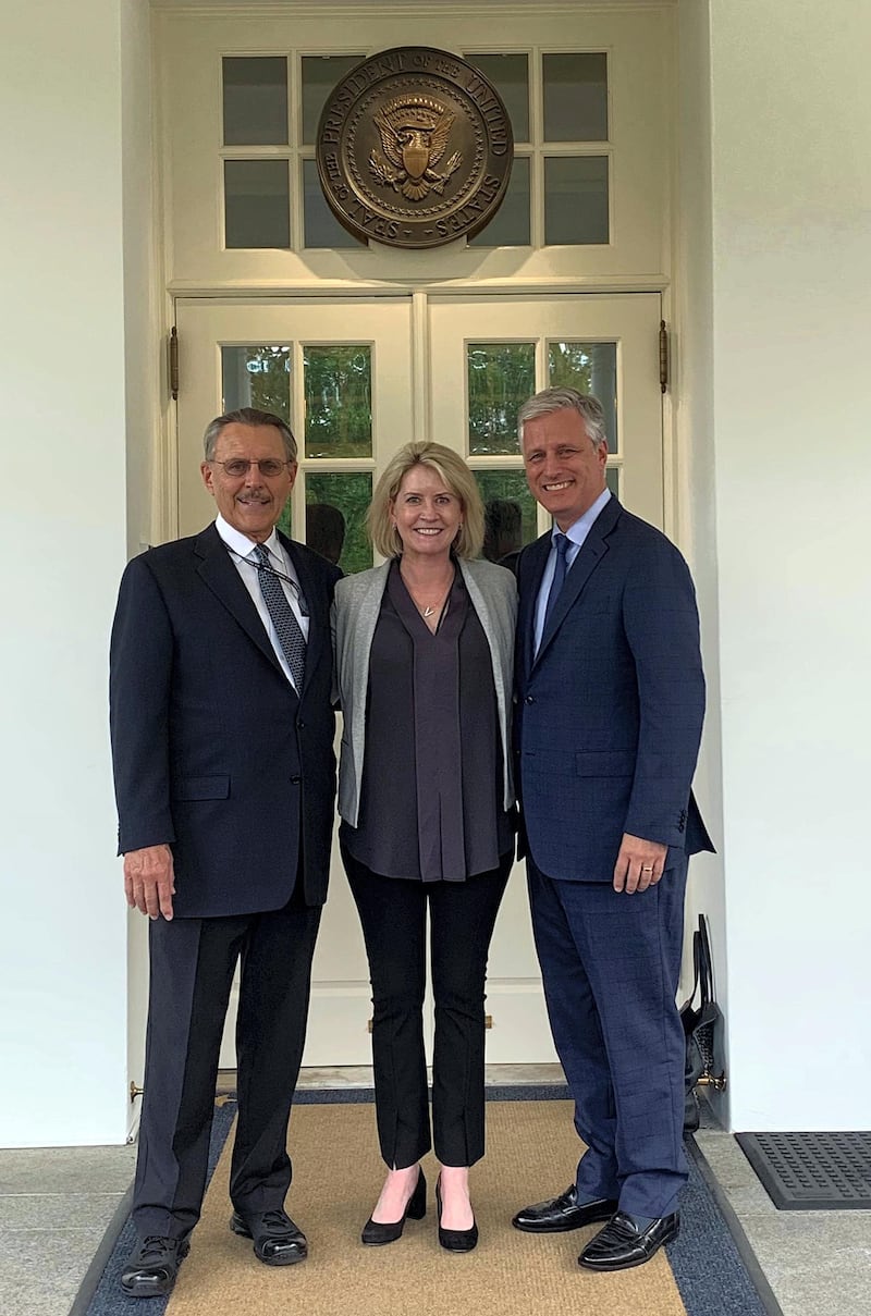 Shortly after he was sworn in at the State Department, Ambassador John Rakolta (left) went yesterday to confer with National security advisor at the White House  Robert O’Brien and Senior Director for the Middle East at National Security Council Victoria Coates. 
