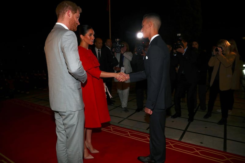 Britain's Prince Harry and Meghan, Duchess of Sussex, arrive to meet Crown Prince Moulay Hassan at a Royal Residence in Rabat, Morocco.  EPA