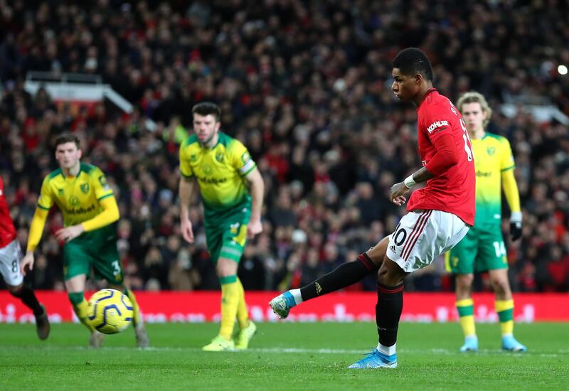 Marcus Rashford scores from the penalty spot against Norwich City at Old Trafford. Getty Images