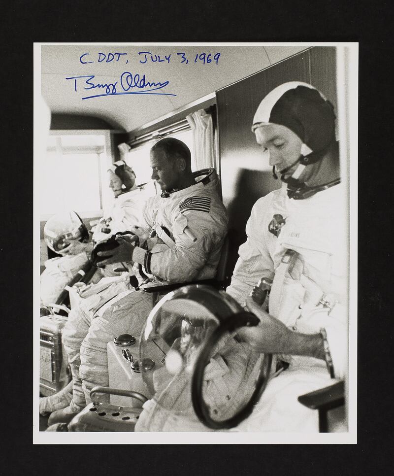 A Nasa photograph from the Apollo 11 mission. Ten such photos are up for auction, including four signed by Buzz Aldrin. Estimate: Dh9,182 to Dh12,855