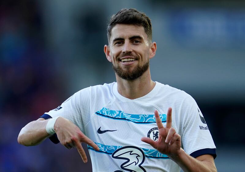 Chelsea's Jorginho celebrates after scoring from the penalty spot in the 1-0 Premier League win at Everton on August 6, 2022. AP