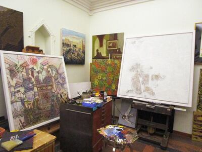 Ali Al Ruzaiza’s studio, at the back of his house, showing works in progress. Al Ruzaiza was one of the first abstract artists in the Kingdom. Courtesy Myrna Ayad                     