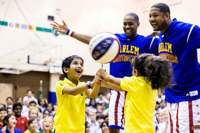 DUBAI, UNITED ARAB EMIRATES, OCTOBER 3, 2016. 
Cheese and Handles from Harlem Globetrotters present their ABCs of Bullying program at Dubai International Academy. 
The programme uses the team’s signature ball handling skills and humour for an interactive presentation that informs and entertains.
Photo: Reem Mohammed (Reporter: Nadim Hanif / Section: NA) Job ID 50090 *** Local Caption ***  RM_20161003_HARLEM_017.JPG