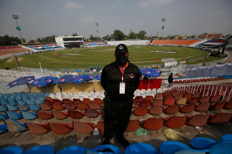 A Pakistani police officer at the Rawalpindi Cricket Stadium. AP