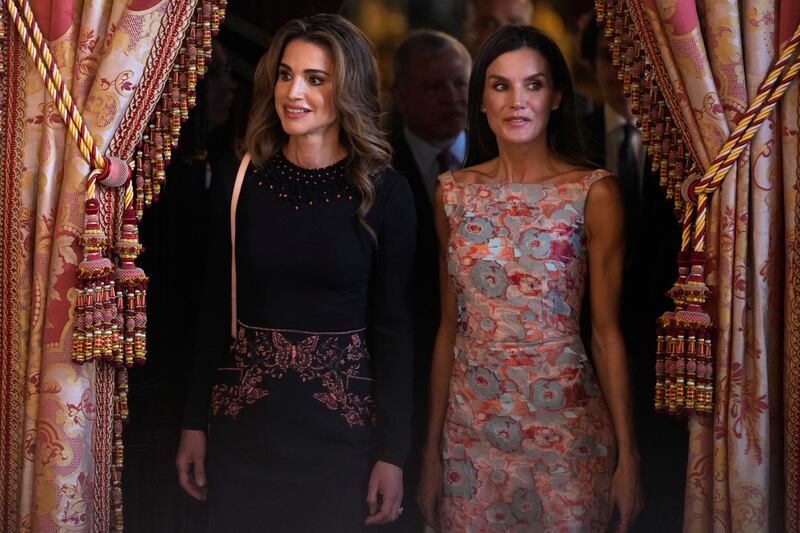 Jordan's Queen Rania and Spain's Queen Letizia at a reception and lunch at the Royal Palace in Madrid on June 19, 2023. Reuters