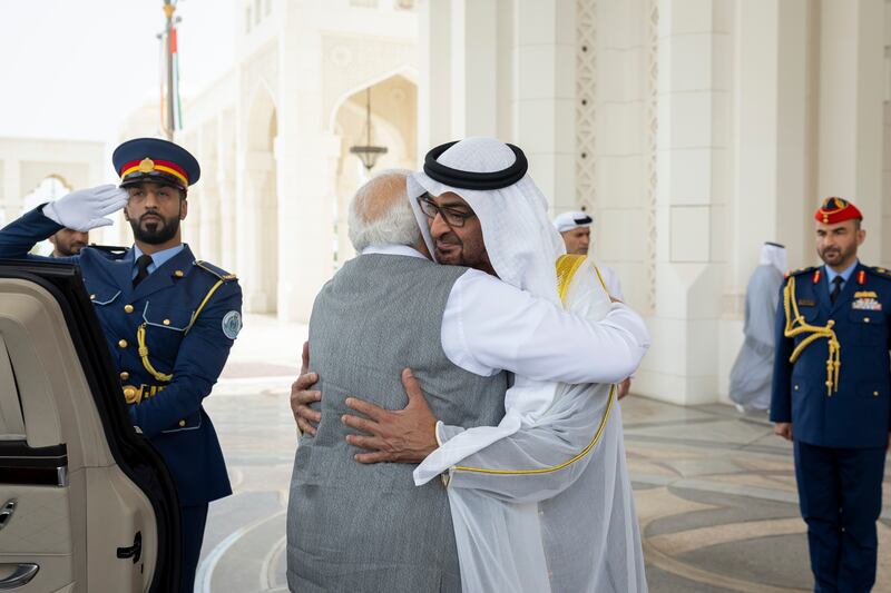 President Sheikh Mohamed receives Narendra Modi, Prime Minister of India, at Qasr Al Watan on Saturday.
Ryan Carter / UAE Presidential Court