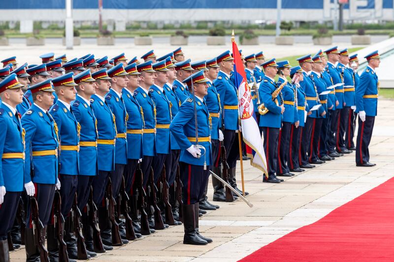 The Serbian honour guard participates in a reception for Sheikh Mohamed at the Palace of Serbia. Photo: Ryan Carter / UAE Presidential Court