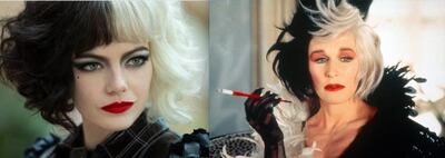 Emma Stone as Cruella de Vil in 'Cruella' (2021) and Glenn Close as the same character in the 1996 movie '101 Dalmatians'. Courtesy Disney