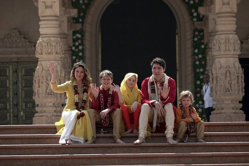 The Trudeaus pose for photographs during their visit to the Akshardham Temple at Gandhinagar in Gujarat. EPA / Akshardham Temple at Gandhinagar in Gujarat.