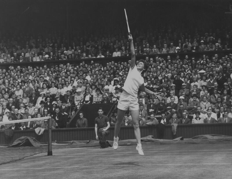 5th July 1956:  British tennis player Angela Buxton in action against fellow Briton Pat Ward during their semi-final match at the Wimbledon Lawn Tennis Championships.  (Photo by L. Blandford/Topical Press Agency/Getty Images)