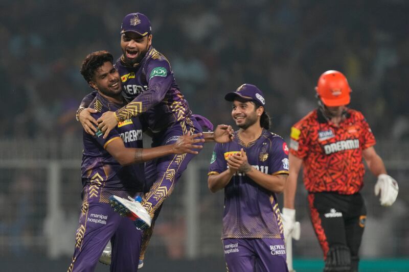 Kolkata Knight Riders' Harshit Rana , left, celebrates with teammates after taking his side to a four-run victory over Sunrisers Hyderabad in the Indian Premier League match at Eden Gardens on March 23, 2024. AP 
