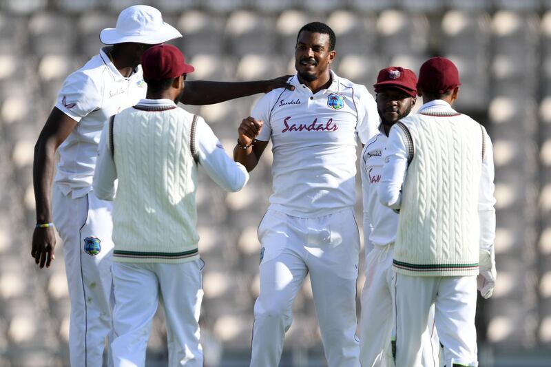 West Indies' Shannon Gabriel (C) celebrates with teammates after bowling England's Ollie Pope on the fourth day of the first Test cricket match between England and the West Indies at the Ageas Bowl in Southampton, southwest England on July 11, 2020.   - RESTRICTED TO EDITORIAL USE. NO ASSOCIATION WITH DIRECT COMPETITOR OF SPONSOR, PARTNER, OR SUPPLIER OF THE ECB
 / AFP / POOL / Mike Hewitt / RESTRICTED TO EDITORIAL USE. NO ASSOCIATION WITH DIRECT COMPETITOR OF SPONSOR, PARTNER, OR SUPPLIER OF THE ECB
