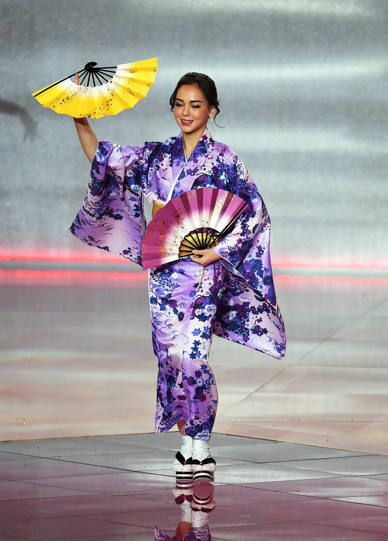 Miss Japan Malika Sera performs during the final in the ExCel centre in London.  EPA