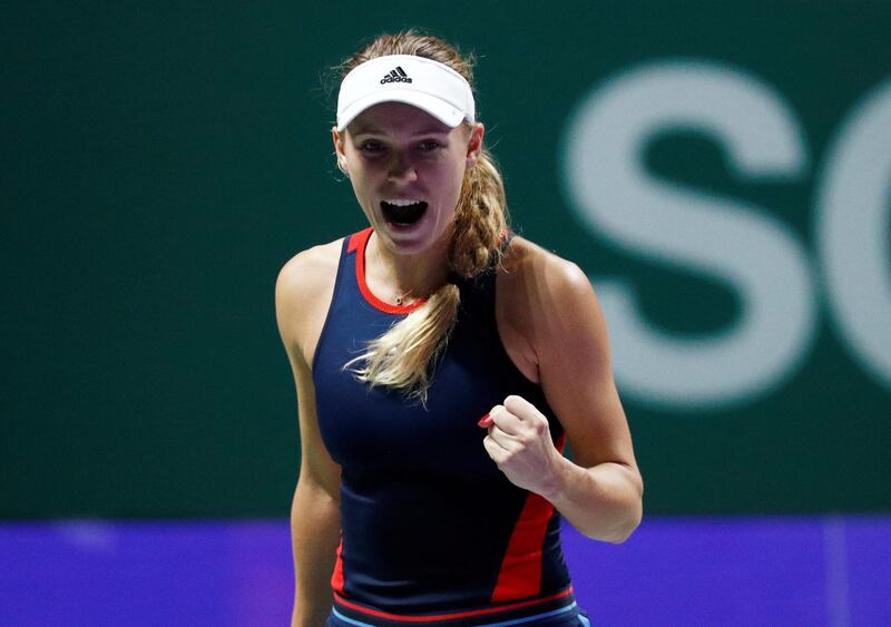 Tennis - WTA Tour Finals - Singapore Indoor Stadium, Kallang, Singapore - October 23, 2018   Denmark's Caroline Wozniacki celebrates after winning her group stage match against Czech Republic's Petra Kvitova   REUTERS/Edgar Su