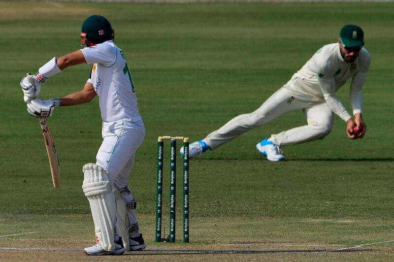 Pakistan's Mohammad Rizwan watches as he is caught in the slips by Faf du Plessis off the bowling of  Lungi Ngidi. AFP