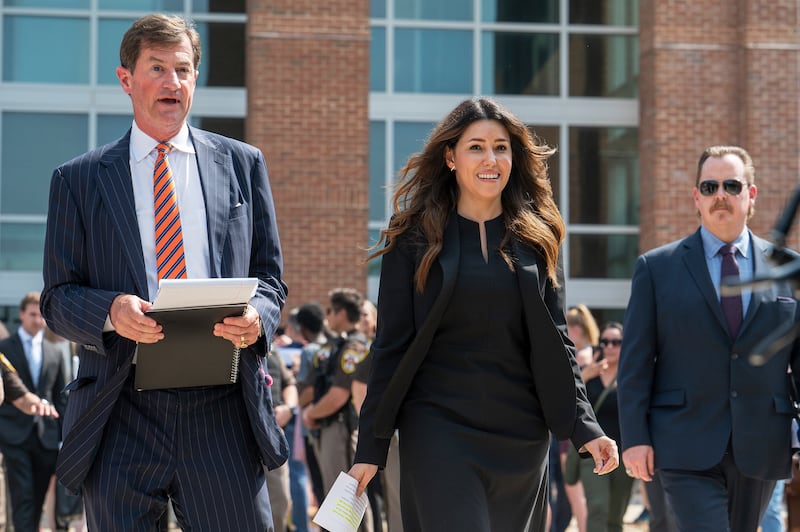 Johnny Depp's lawyers Camille Vasquez and Ben Chew arrive to give a statement to the media outside the Fairfax County Courthouse after the jury found Heard liable for defamation. AP