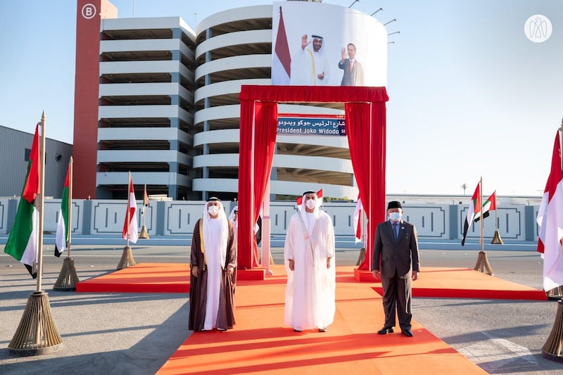 Sheikh Khalid bin Mohamed, chairman of the Abu Dhabi Executive Office, inaugurated President Joko Widodo Street in Abu Dhabi on October 20, 2020. 