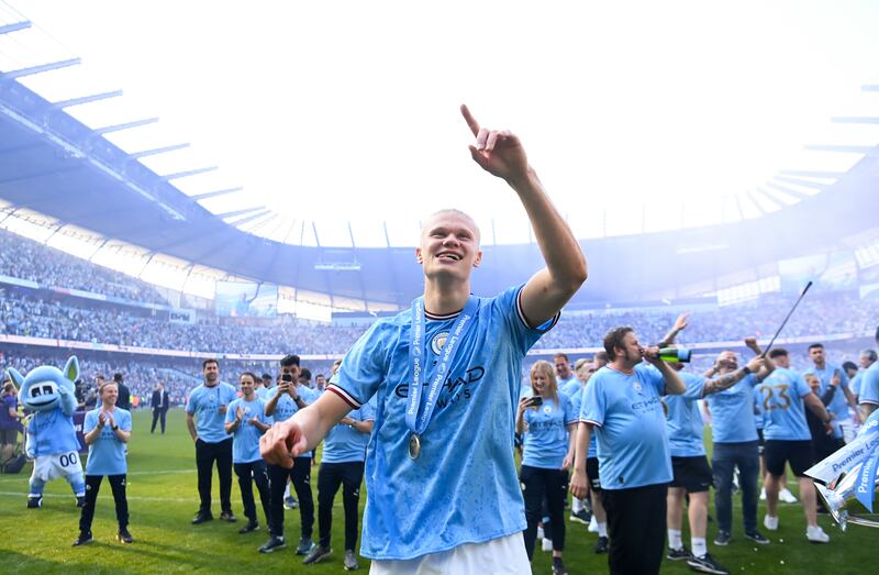 City striker Erling Haaland celebrates after the match. Getty