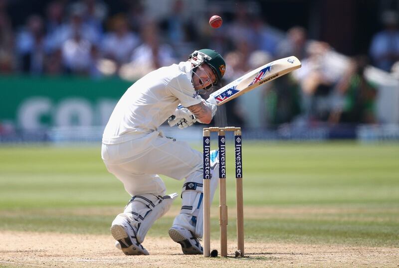 LONDON, ENGLAND - JULY 21:  Michael Clarke of Australia is struck by a delivery by Stuart Broad of England during day four of the 2nd Investec Ashes Test match between England and Australia at Lord's Cricket Ground on July 21, 2013 in London, England.  (Photo by Ryan Pierse/Getty Images) *** Local Caption ***  174161201.jpg